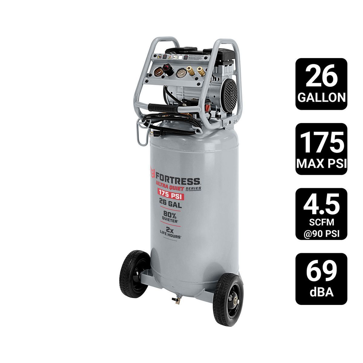 FORTRESS 26 Gallon, 175 PSI Ultra Quiet Oil-Free Vertical Shop Auto Air Compressor FORTRESS 26 Gallon, 175 PSI Ultra Quiet Oil-Free Vertical Shop/Auto Air Compressor