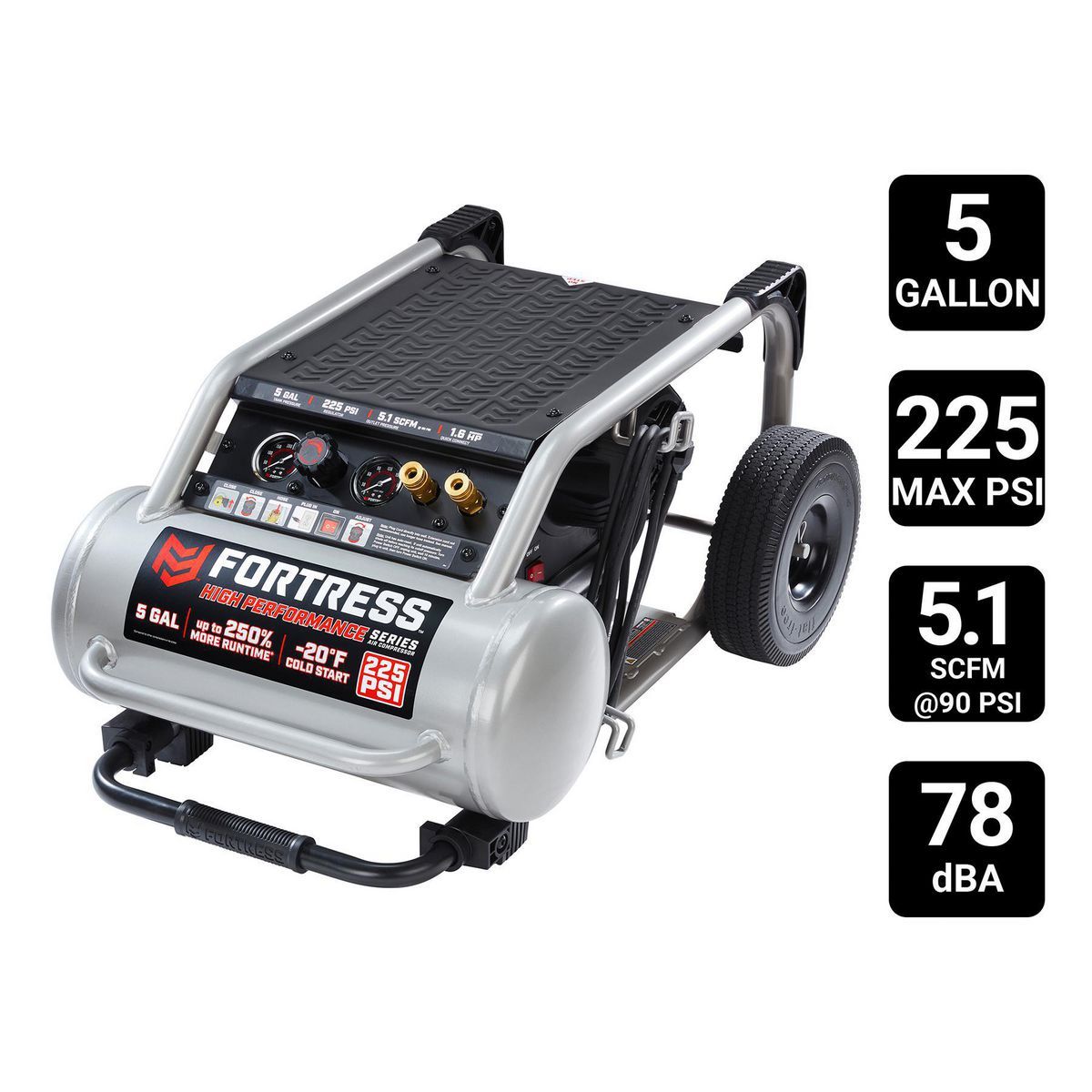 FORTRESS 5 Gallon, 225 PSI High Performance Oil-Free Wheeled Jobsite Air Compressor FORTRESS 5 Gallon, 225 PSI High Performance Oil-Free Wheeled Jobsite Air Compressor