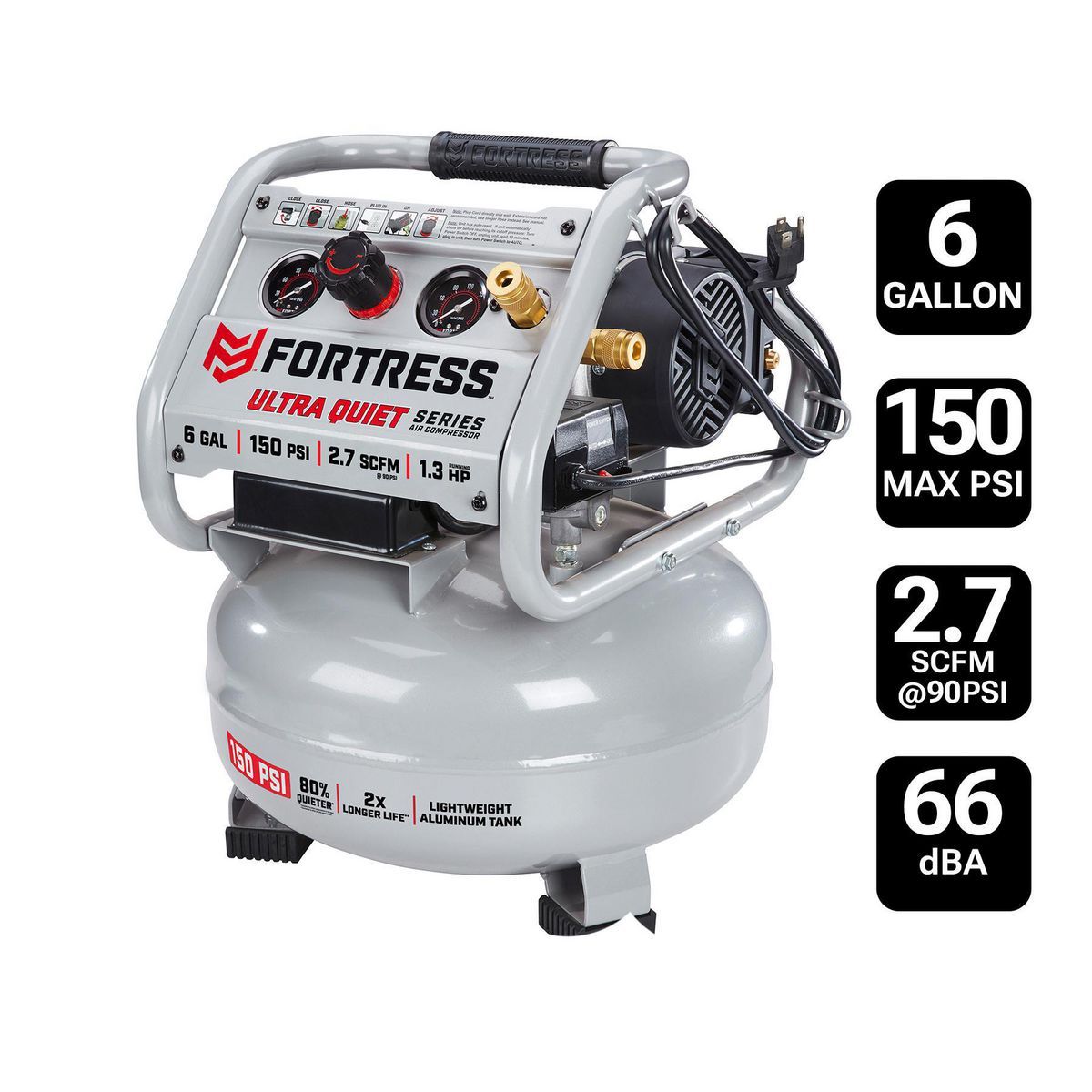 FORTRESS 6 Gallon, 150 PSI Ultra Quiet Oil-Free Pancake Jobsite Air Compressor FORTRESS 6 Gallon, 150 PSI Ultra Quiet Oil-Free Pancake Jobsite Air Compressor