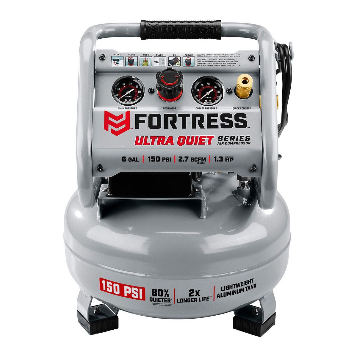 FORTRESS 6 Gallon, 150 PSI Ultra Quiet Oil-Free Pancake Jobsite Air Compressor2