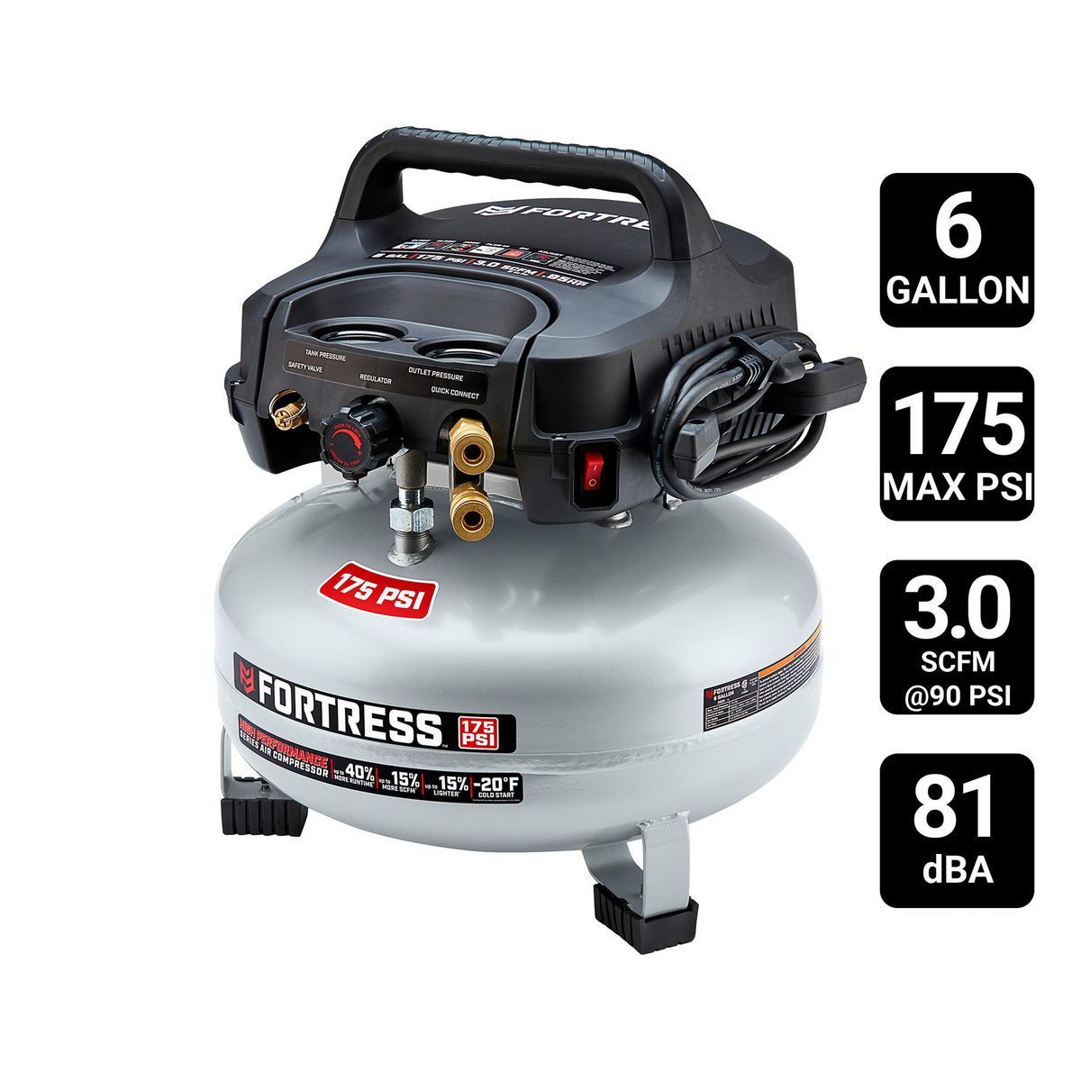 FORTRESS 6 Gallon, 175 PSI High Performance Oil-Free Pancake Jobsite Air Compressor FORTRESS 6 Gallon, 175 PSI High Performance Oil-Free Pancake Jobsite Air Compressor