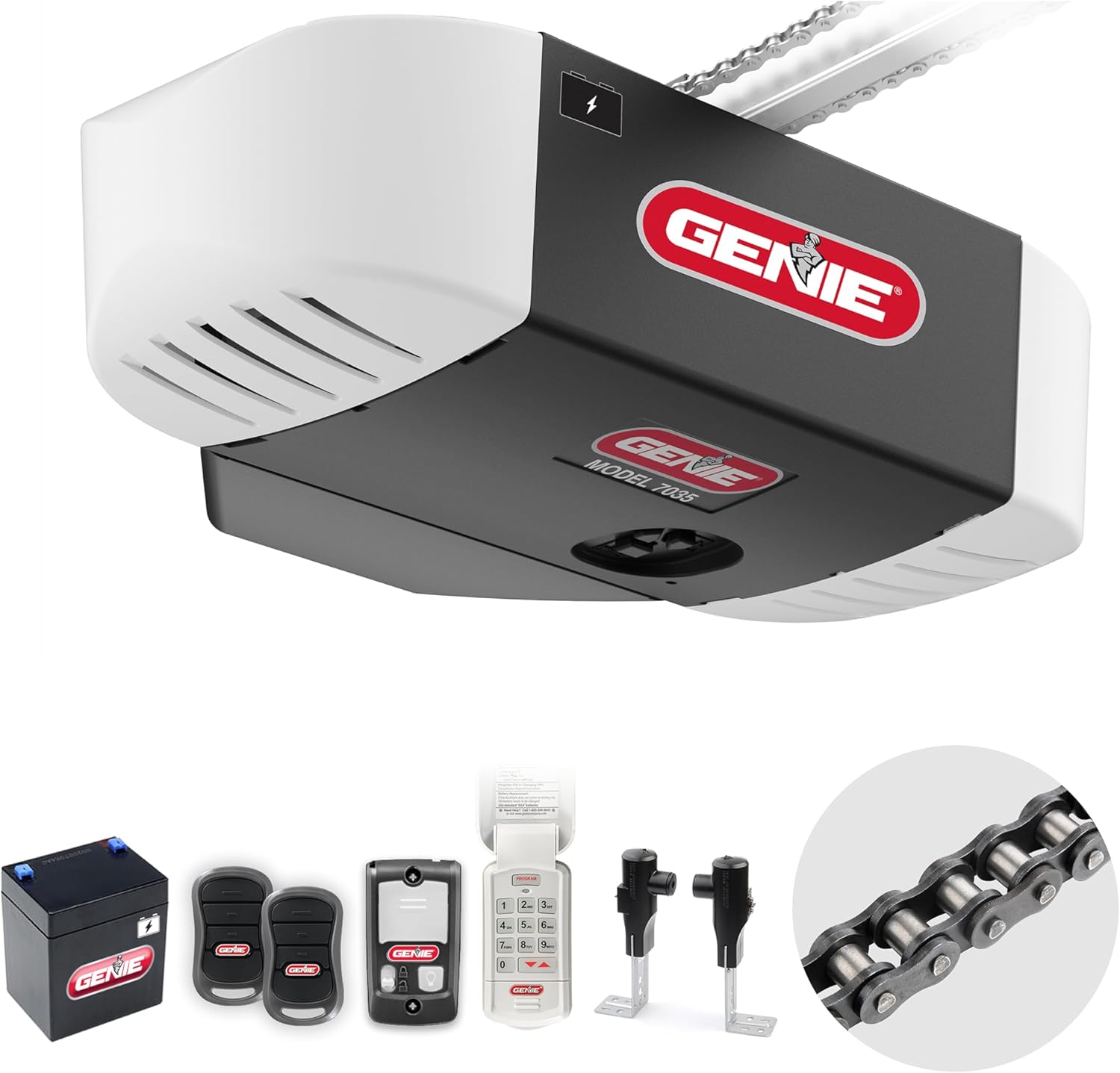 Genie Chain Drive 750 3 4 HPc Garage Door Opener w Battery Backup - Heavy Duty - Operate your garage door when the primary power is out - Wireless Keypad Included, Model 7035-TKV,BLACK Genie Chain Drive 750 3/4 HPc Garage Door Opener w/Battery Backup - Heavy Duty - Operate your garage door when the primary power is out - Wireless Keypad Included, Model 7035-TKV,BLACK