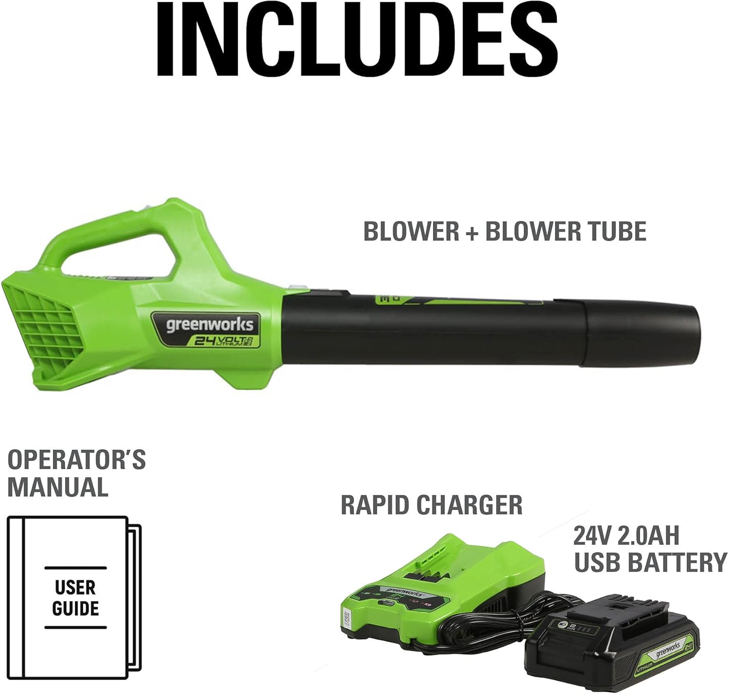 Greenworks 24V (90 MPH 320 CFM 125+ Compatible Tools) Cordless Axial Leaf Blower, 2.0Ah Battery and Charger Included0