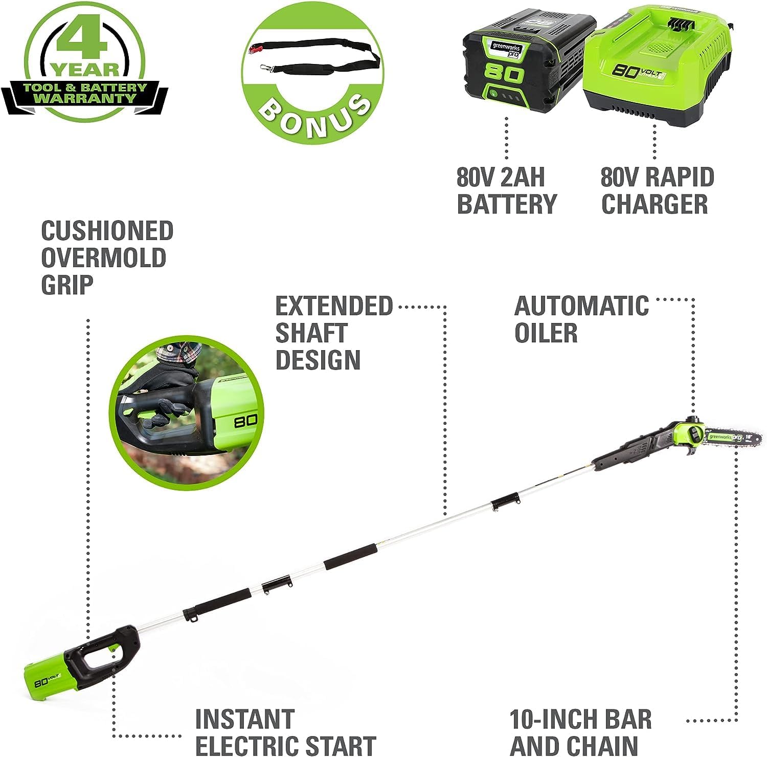 Greenworks 80V 10 Cordless Polesaw (Great For Pruning and Trimming Branches 75+ Compatible Tools), 2.0Ah Battery and Charger Included1