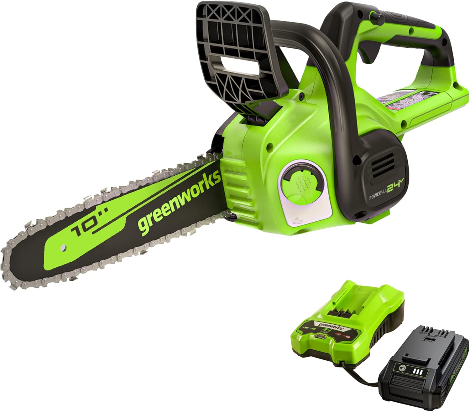 Greenworks CS24B210 24V 10 Cordless Compact Chainsaw (Great For Storm Clean-Up, Pruning, and Firewood), 2.0Ah Battery and Charger Included Greenworks CS24B210 24V 10" Cordless Compact Chainsaw (Great For Storm Clean-Up, Pruning, and Firewood), 2.0Ah Battery and Charger Included