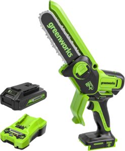 Greenworks 24V 6" Brushless Mini Chainsaw, Small Cordless Handheld Saw, 2.0Ah Battery and Charger Included