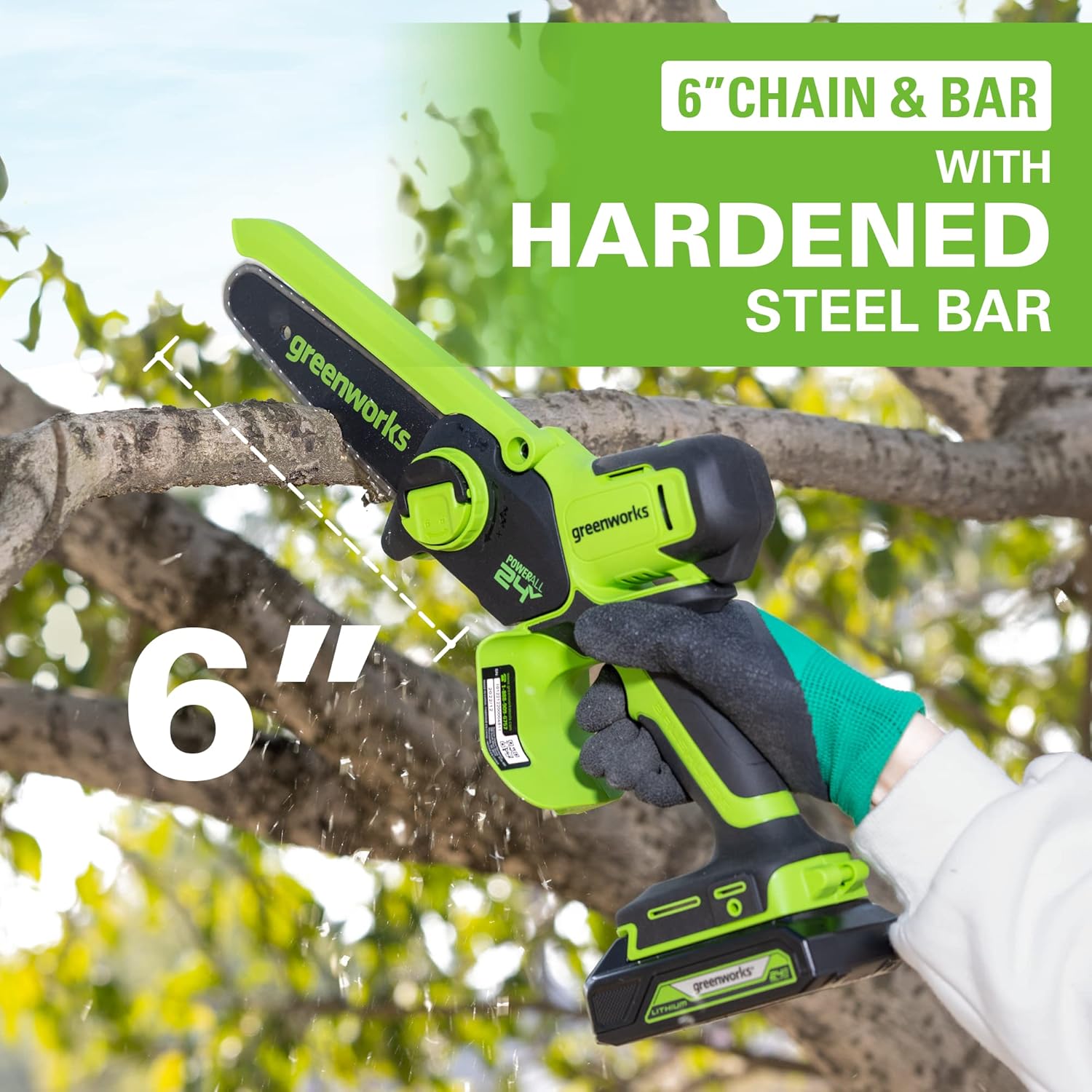 Greenworks CS24L210 24V 6 Brushless Mini Chainsaw, Small Cordless Handheld Saw, 2.0Ah Battery and Charger Included1