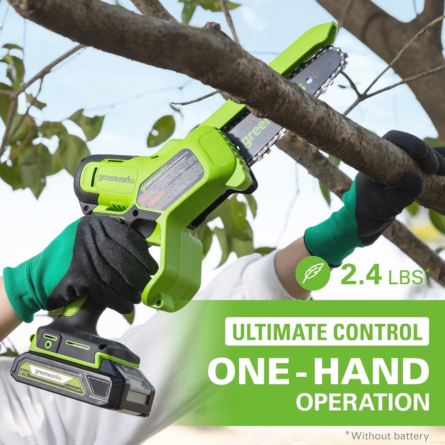 Greenworks CS24L210 24V 6 Brushless Mini Chainsaw, Small Cordless Handheld Saw, 2.0Ah Battery and Charger Included4