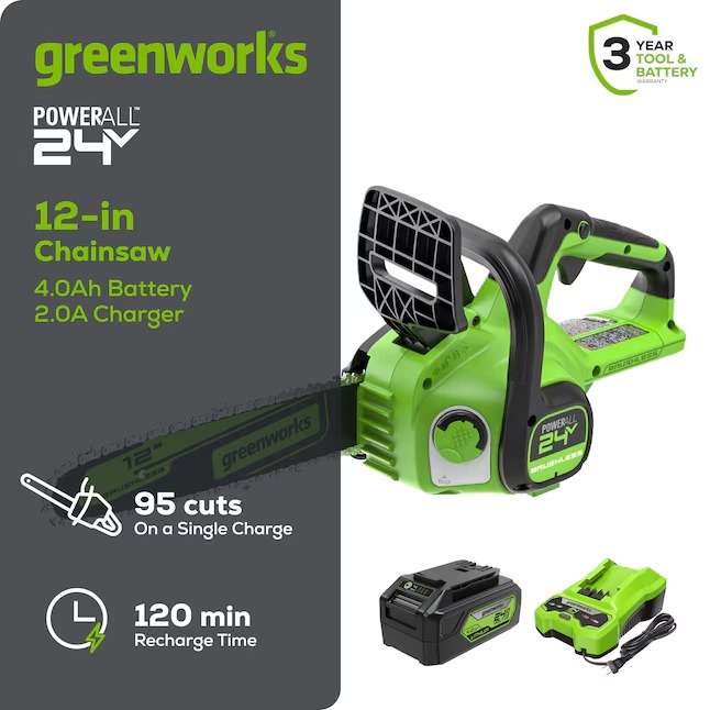 Greenworks CS24L410 24-volt 12-in Battery 4 Ah Chainsaw (Battery and Charger Included)1_11zon