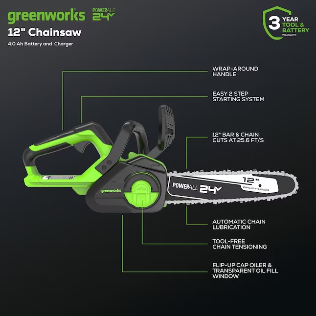 Greenworks CS24L410 24-volt 12-in Battery 4 Ah Chainsaw (Battery and Charger Included)4_11zon