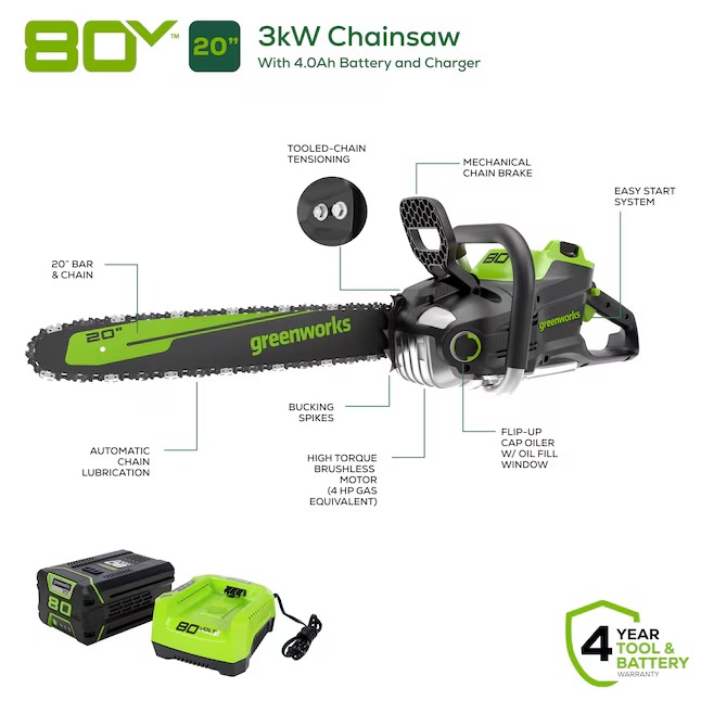 Greenworks CS80L416 80-volt 20-in Battery 4 Ah Chainsaw (Battery and Charger Included)0_11zon