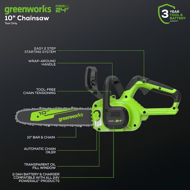 Greenworks CSA24B00 24-volt 10-in Battery Chainsaw (Battery and Charger Not Included)2_11zon