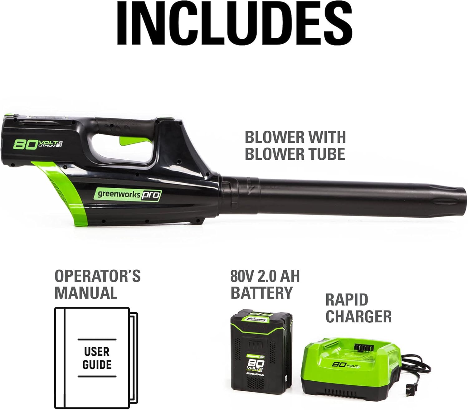 Greenworks GBL80300 80V (125 MPH 500 CFM 75+ Compatible Tools) Cordless Axial Leaf Blower, 2.0Ah Battery and Charger Included190