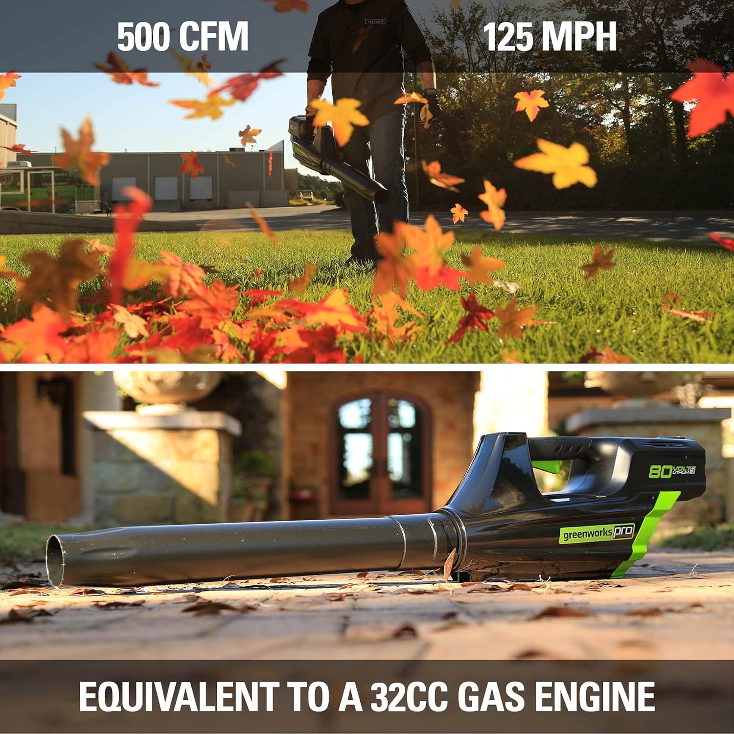 Greenworks GBL80300 80V (125 MPH 500 CFM 75+ Compatible Tools) Cordless Axial Leaf Blower, 2.0Ah Battery and Charger Included2