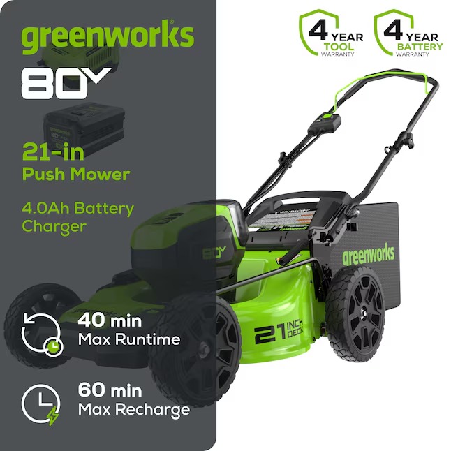 Greenworks GLM801602 80-volt Max 21-in Cordless Push Lawn Mower 4 Ah (1-Battery and Charger Included)1_11zon