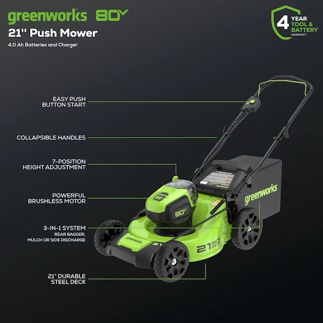 Greenworks GLM801602 80-volt Max 21-in Cordless Push Lawn Mower 4 Ah (1-Battery and Charger Included)8_11zon