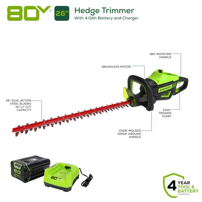 Greenworks HT80L212 80-volt Max 26-in Battery Hedge Trimmer 2 Ah (Battery and Charger Included)7_11zon