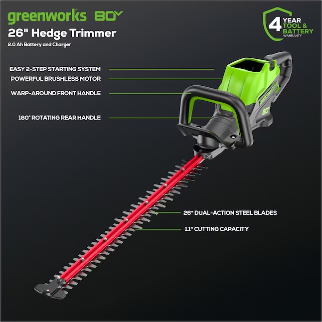 Greenworks HT80L213 80-volt 26-in Battery Hedge Trimmer 2 Ah (Battery and Charger Included)4_11zon