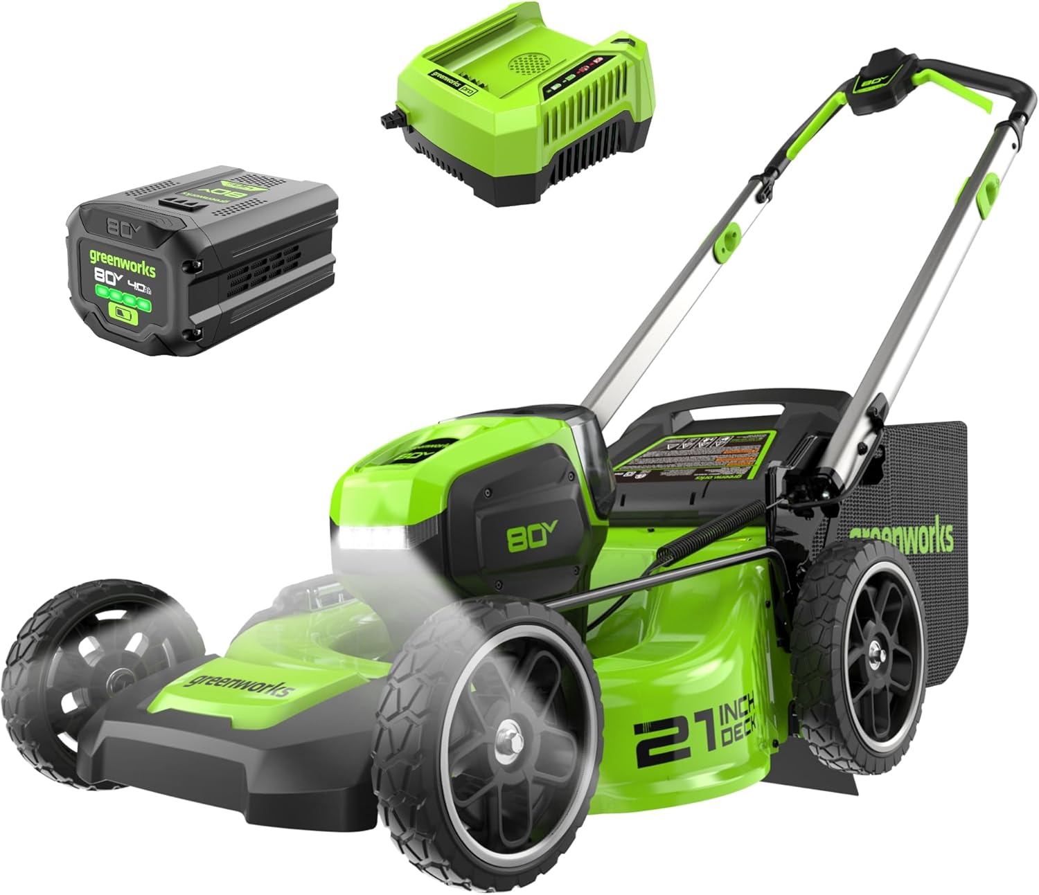 Greenworks MO80L415 80V 21 Brushless Cordless (Push) Lawn Mower (LED Headlight + Aluminum Handles), 4.0Ah Battery and Rapid Charger Included (75+ Compatible Tools) Greenworks MO80L415 80V 21" Brushless Cordless (Push) Lawn Mower (LED Headlight + Aluminum Handles), 4.0Ah Battery and Rapid Charger Included (75+ Compatible Tools)