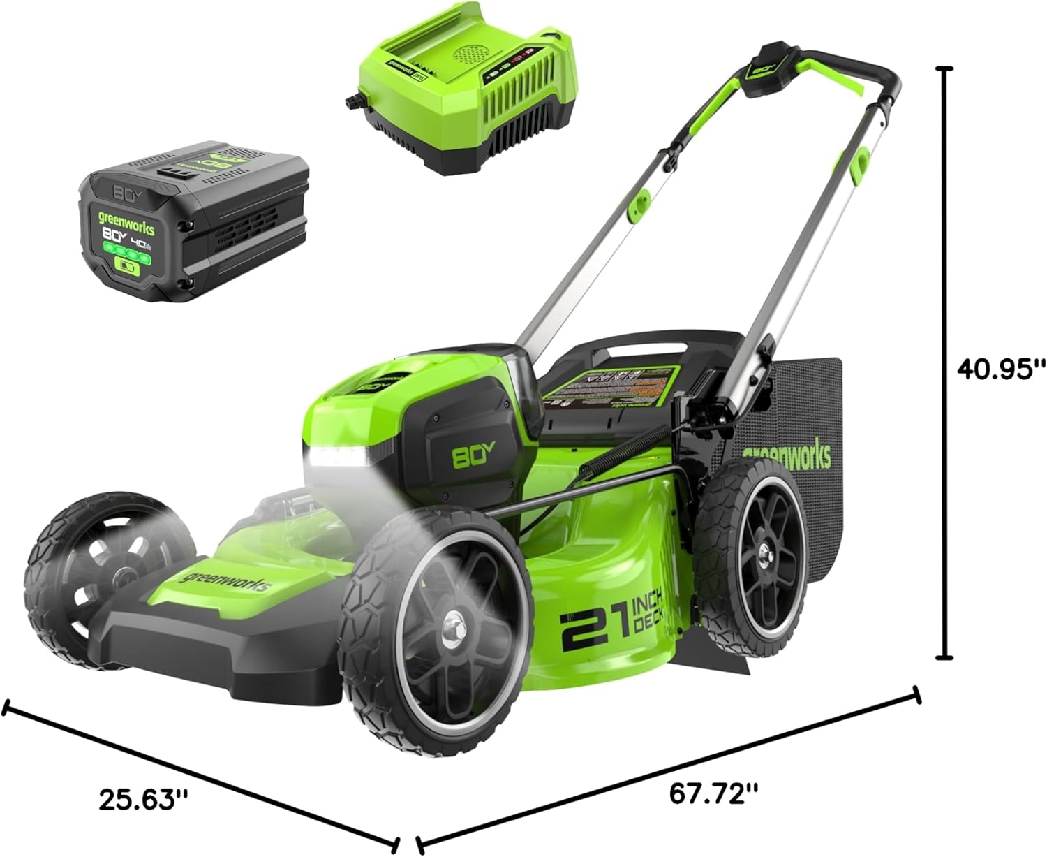 Greenworks MO80L415 80V 21 Brushless Cordless (Push) Lawn Mower (LED Headlight + Aluminum Handles), 4.0Ah Battery and Rapid Charger Included (75+ Compatible Tools)08