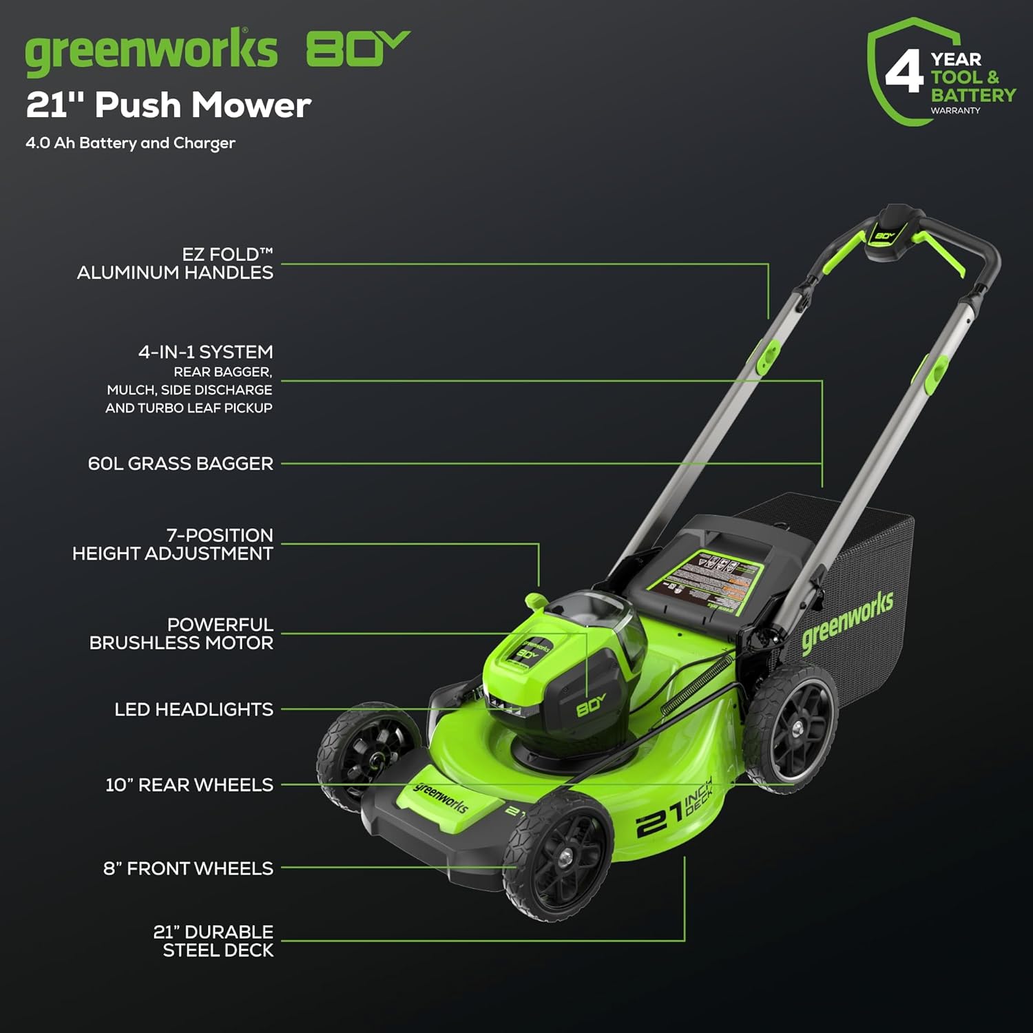 Greenworks MO80L415 80V 21 Brushless Cordless (Push) Lawn Mower (LED Headlight + Aluminum Handles), 4.0Ah Battery and Rapid Charger Included (75+ Compatible Tools)2