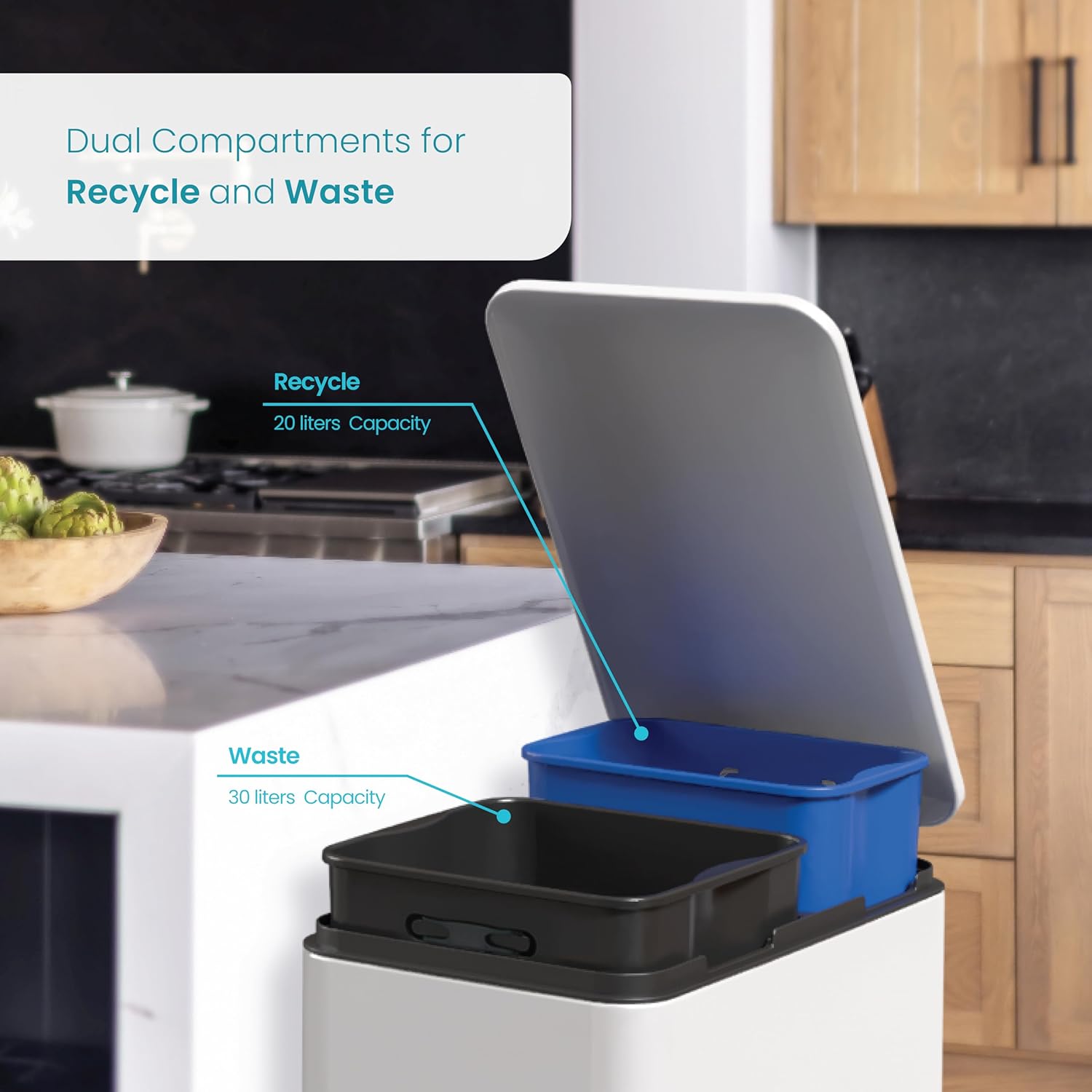 Home Zone Living 13 Gallon Kitchen Trash Can, Dual Removable Liners for Recycling and Trash, 50 Liter Slim Stainless Steel Shape (8 + 5 for 13 Gallons Total) 1