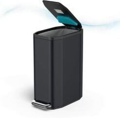 Home Zone Living VA42331A 13 Gallon Kitchen Trash Can, Slim Stainless Steel with CleanAura Odor Control Pod, Stainless Steel, 50 Liters Total Capacity, Matte Black