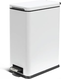 Home Zone Living VA42383A 8 Gallon Slim Kitchen Trash Can, Stainless Steel, Step Pedal, 30 Liter, White