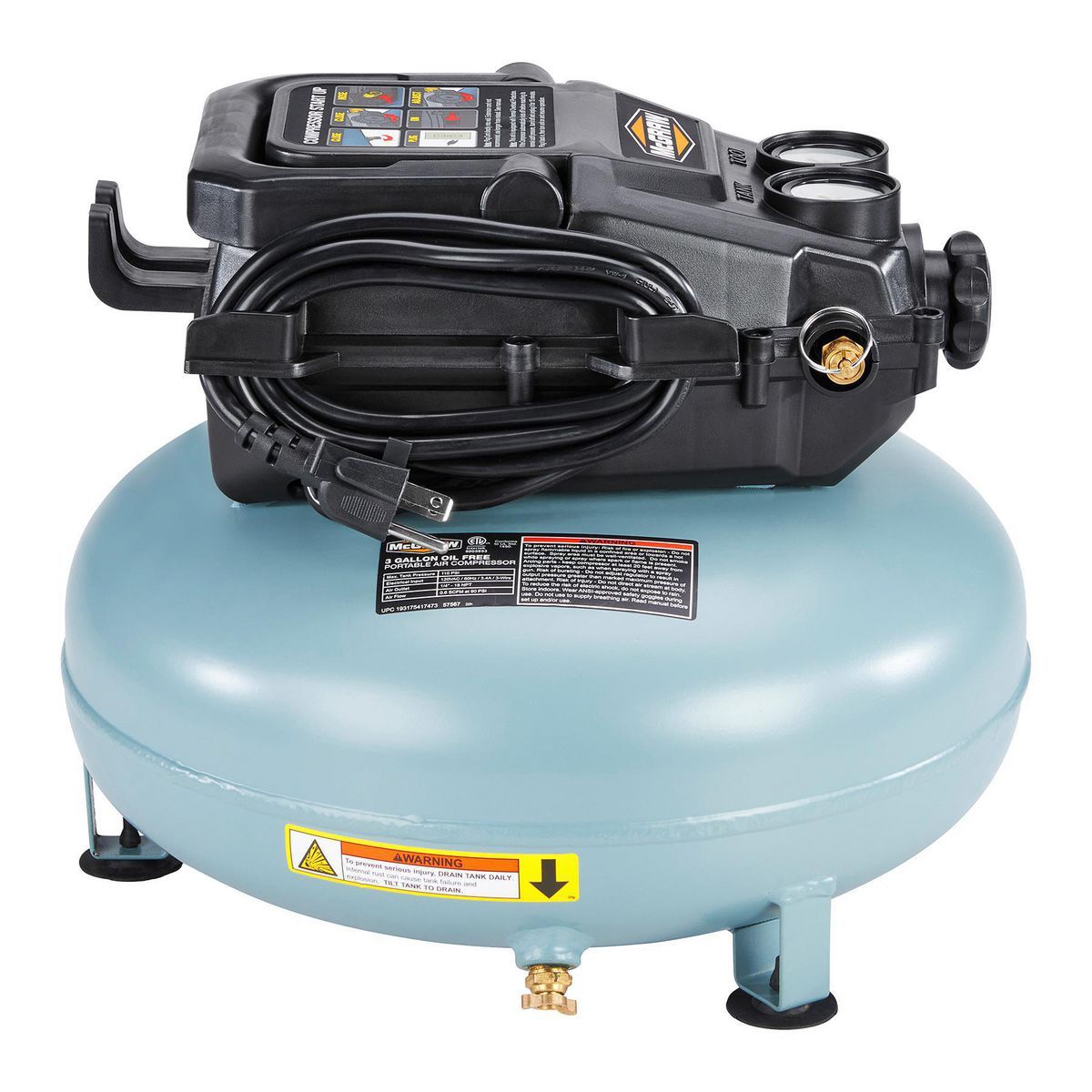 MCGRAW 3 Gallon, 110 PSI Oil-Free Light-Duty Pancake Air Compressor6
