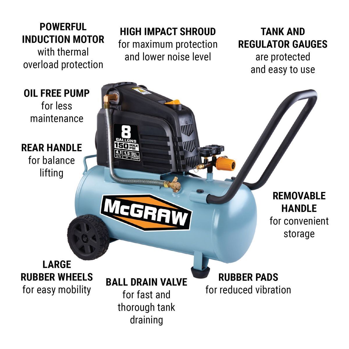 MCGRAW 8 Gallon, 150 PSI Oil-Free Horizontal Shop Auto Air Compressor1