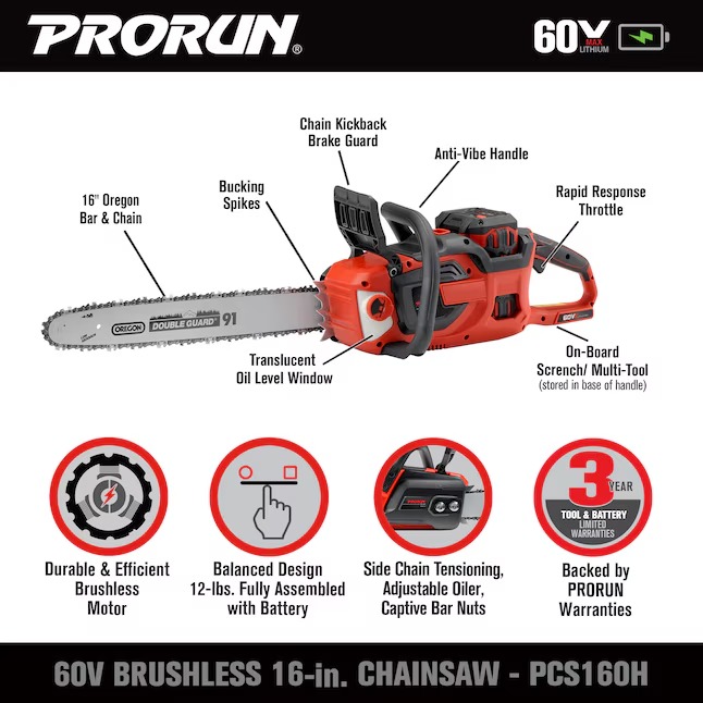 PRORUN PCS160H 60-volt Max 16-in Battery 5 Ah Chainsaw (Battery and Charger Included)1_11zon