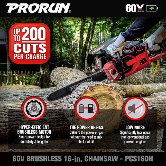 PRORUN PCS160H 60-volt Max 16-in Battery 5 Ah Chainsaw (Battery and Charger Included)8_11zon