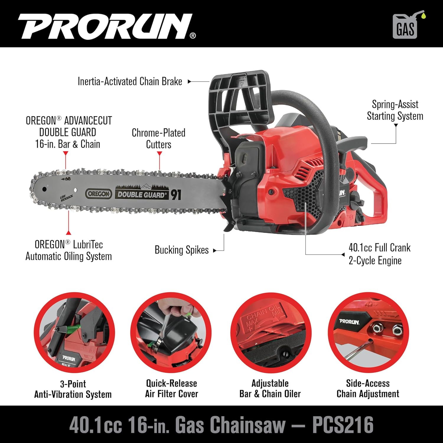 PRORUN PCS216 40.1cc 16-in. Gas-Powered 2-Cycle Chainsaw1