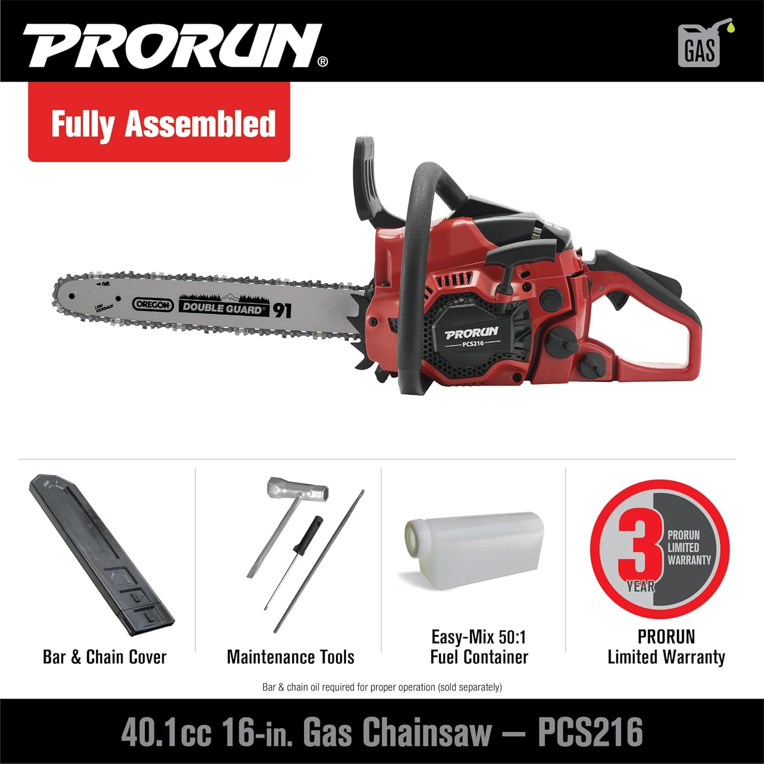 PRORUN PCS216 40.1cc 16-in. Gas-Powered 2-Cycle Chainsaw3