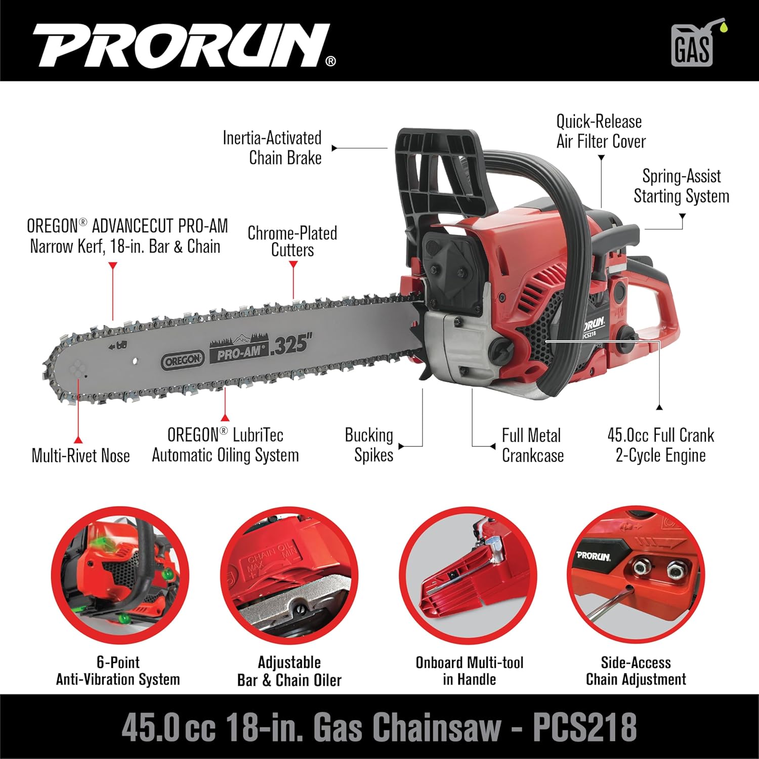 PRORUN PCS218 45.0cc 18-in. Gas-Powered 2-Cycle Chainsaw1