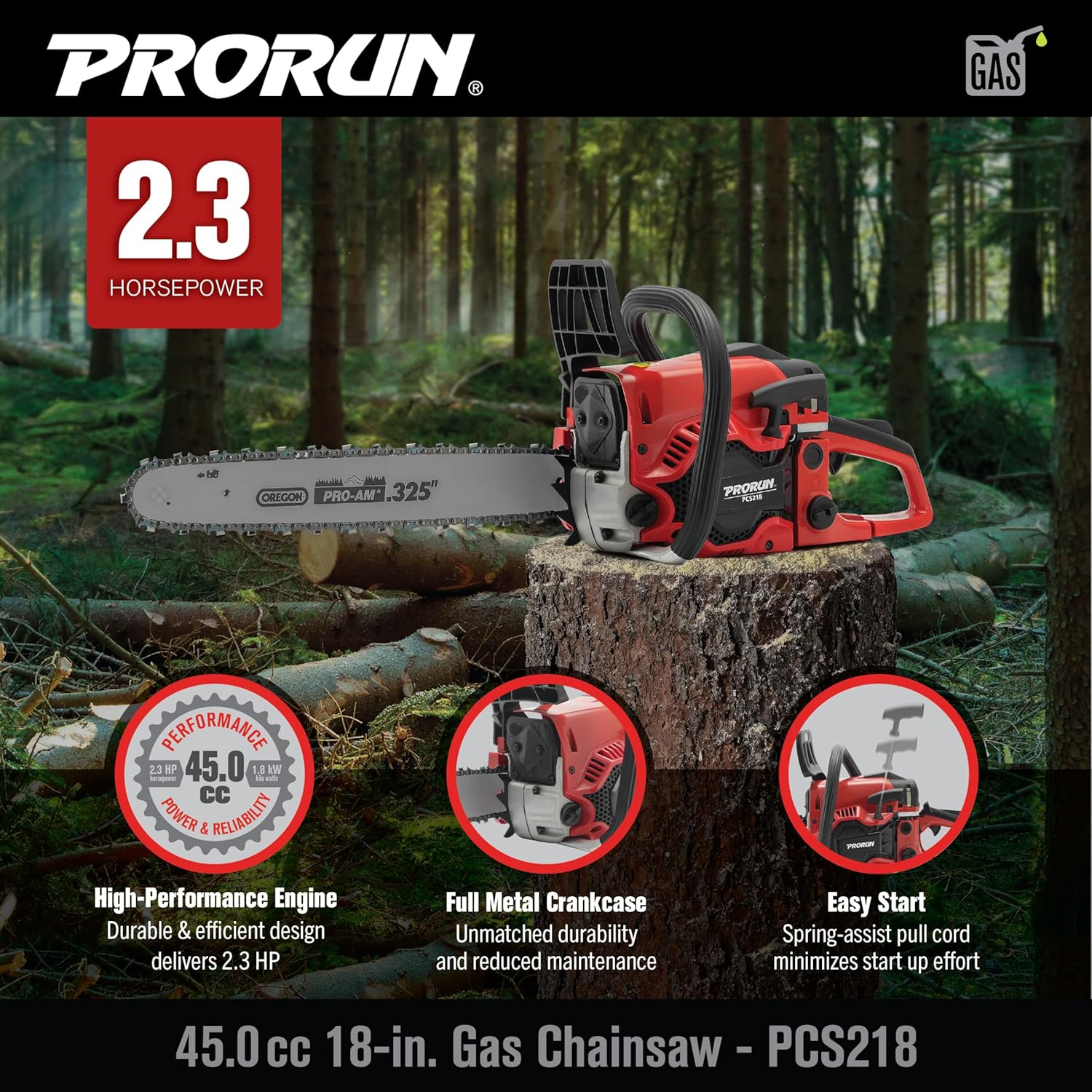 PRORUN PCS218 45.0cc 18-in. Gas-Powered 2-Cycle Chainsaw2