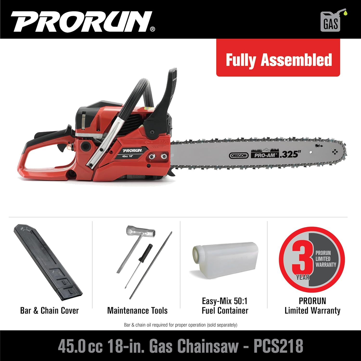 PRORUN PCS218 45.0cc 18-in. Gas-Powered 2-Cycle Chainsaw3