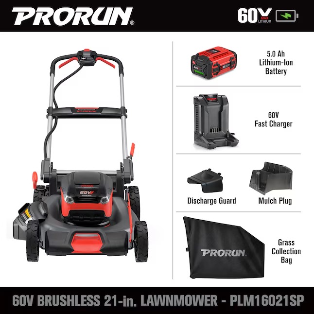 PRORUN PLM16021SP 60-volt 21-in Cordless Self-propelled Lawn Mower 5 Ah (1-Battery and Charger Included)1_11zon
