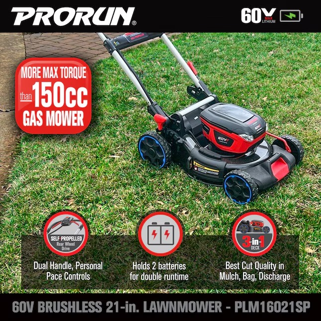 PRORUN PLM16021SP 60-volt 21-in Cordless Self-propelled Lawn Mower 5 Ah (1-Battery and Charger Included)9_11zon