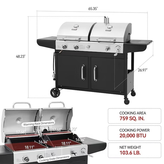 Royal Gourmet ZH3002N-N Cabinet Style Dual Fuel Series Silver Black Liquid propane and charcoal Combo Grill13_11zon