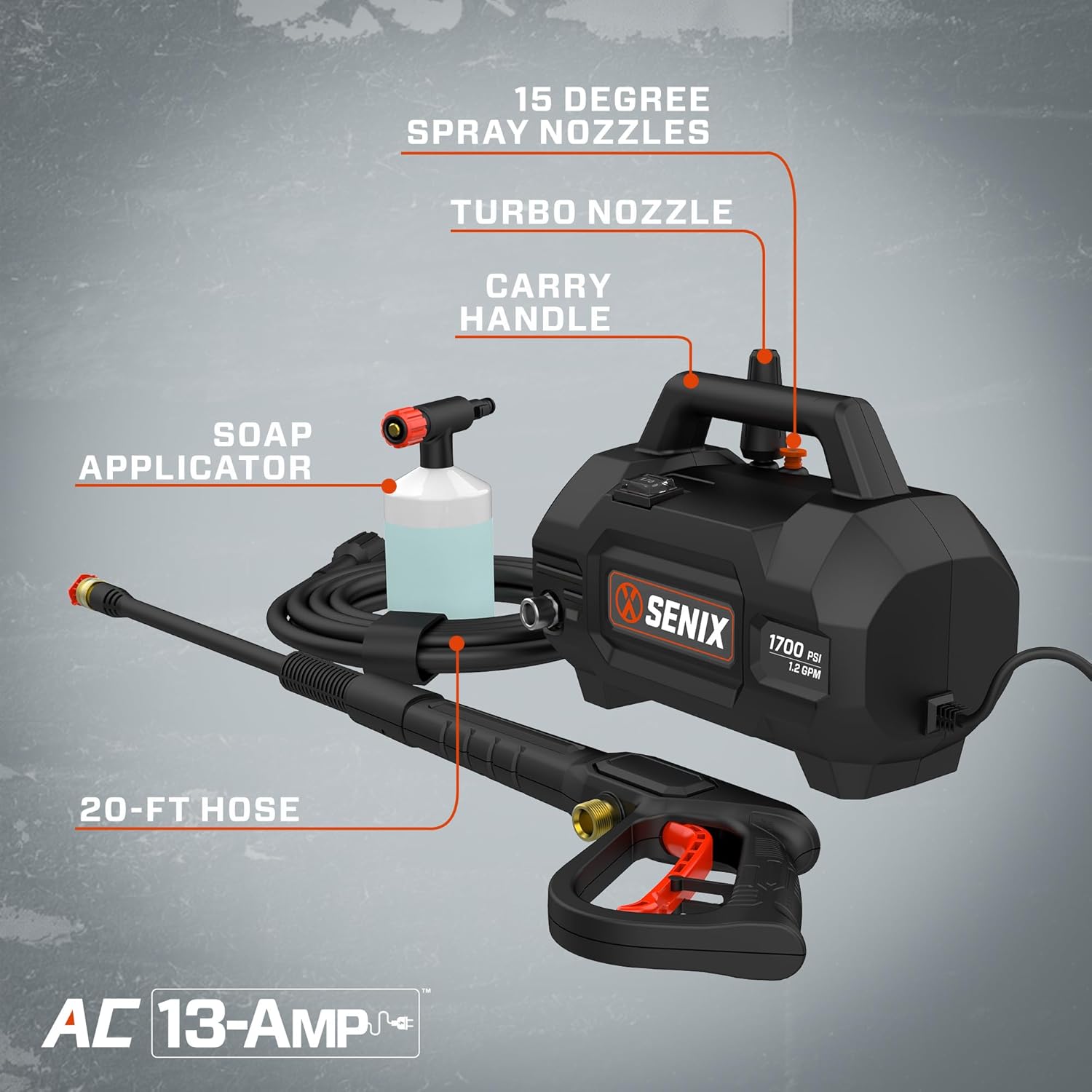 SENIX 13 Amp 1700 PSI 1.2 GPM Electric Pressure Washer with Foam Cannon, Spray Gun, 20-ft Hose, Turbo Nozzle, and Quick-Connect Spray Nozzles (HPWE13-L)1