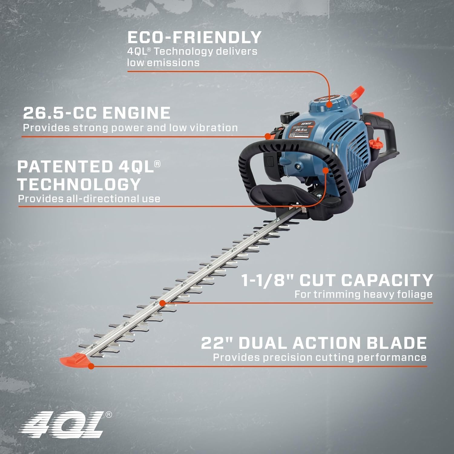 SENIX 4QL 26.5 cc 4 Cycle 22-Inch Gas Hedge Trimmer, Garden Tool to Trim Shrubs, Bushes (HT4QL-L)5