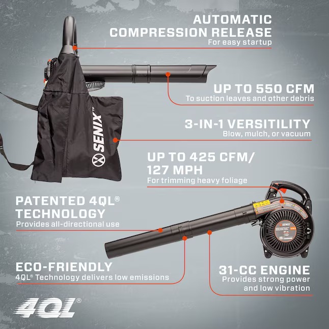 SENIX BLV4QL-M 4QL 31-cc 4-cycle 550-CFM 127-MPH Gas Handheld Leaf Blower1_11zon