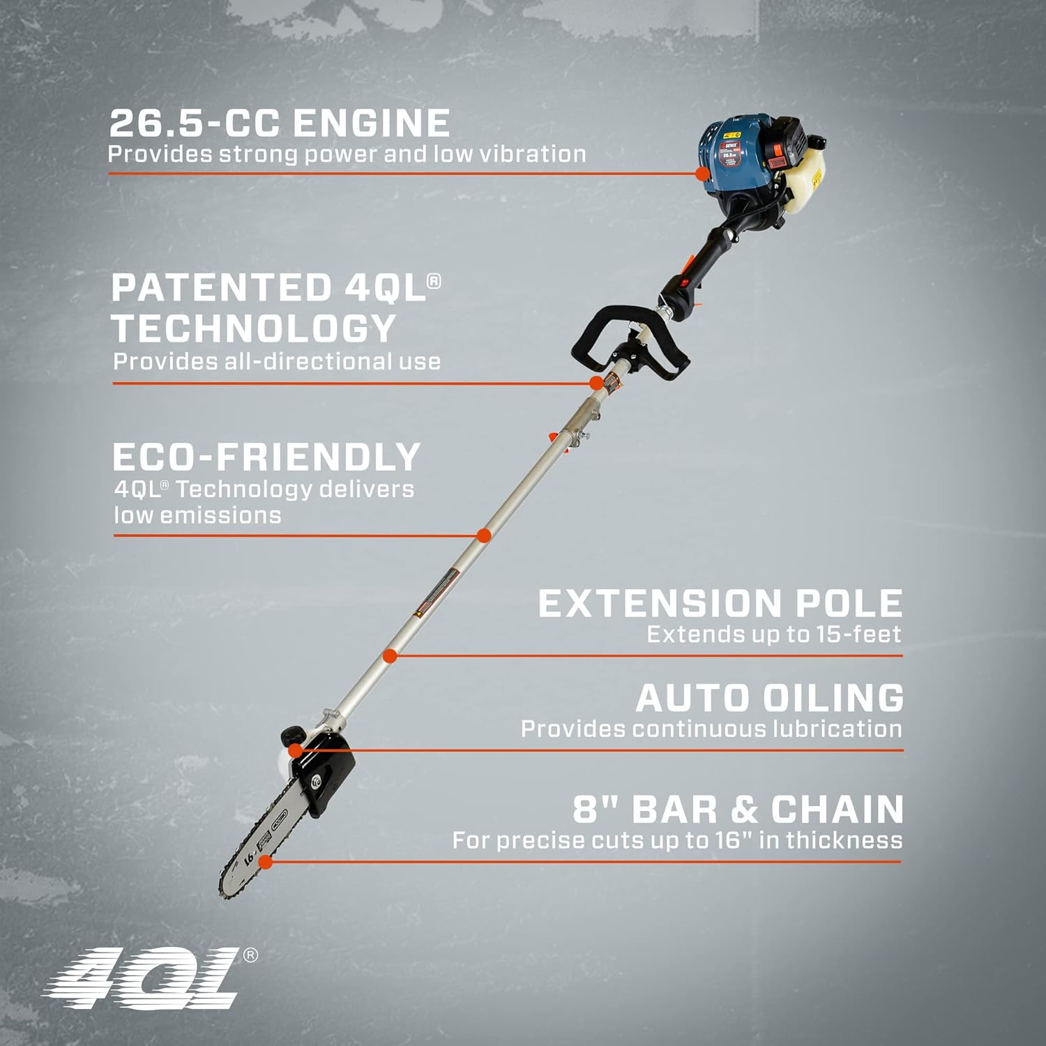SENIX CSP4QL-L 4QL 26.5 cc 4-Cycle Gas Powered Pole Saw with 8-Inch Oregon Bar and Chain, Chain Saw Tree Trimmer with Adjustable Extension Pole, Harness Included