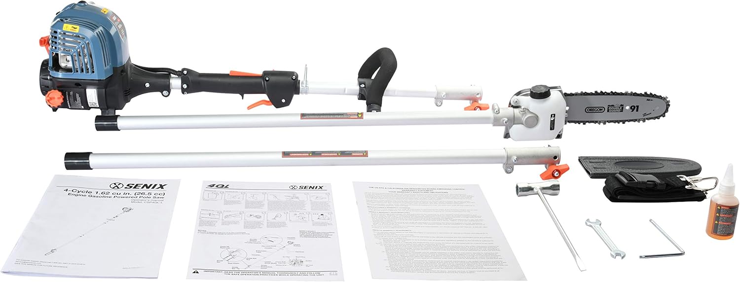 SENIX CSP4QL-L 4QL 26.5 cc 4-Cycle Gas Powered Pole Saw with 8-Inch Oregon Bar and Chain, Chain Saw Tree Trimmer with Adjustable Extension Pole, Harness Included12