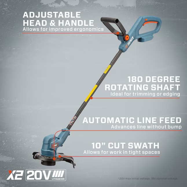 SENIX GTX2-L 20-volt Max 10-in Straight Shaft Battery String Trimmer 2 Ah (Battery and Charger Included)1_11zon