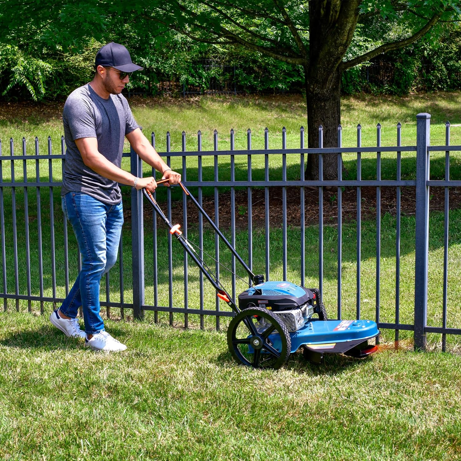 SENIX High Wheel Gas Walk Behind Brush Cutter and String Trimmer, 22-Inch Swatch with .155-Inch Line, 160 cc 4-Cycle Engine, Steel Deck, 14 Rubber Wheels, Adjustable Height (STMG-L)2