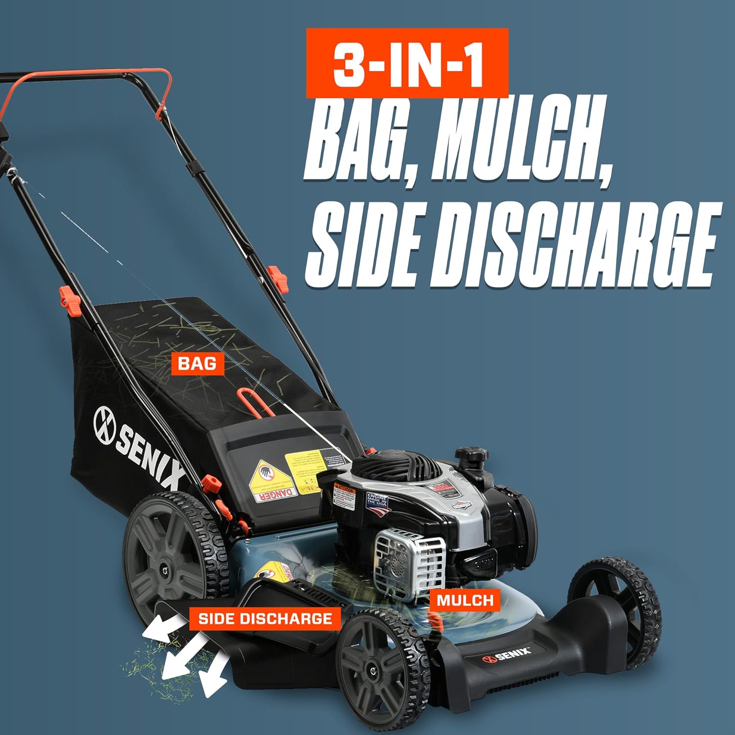 SENIX LSPG-M7 21-Inch Gas Push Lawn Mower with 140 cc 4-Cycle Briggs & Stratton Engine, Bagging, Mulching, and Side Discharge, 6-Position Dual Lever Height Adjustment6