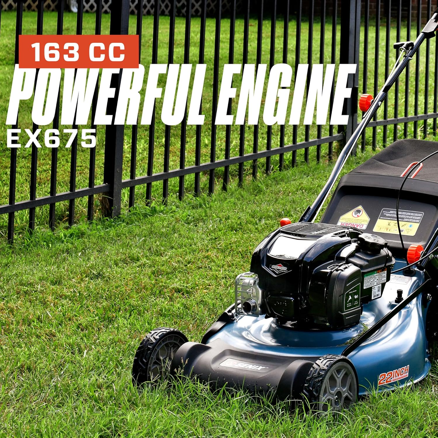 SENIX LSSG-H1 22-Inch Self Propelled Gas Lawn Mower with 163 cc 4-Cycle Engine, 3-in-1 Rear Wheel Drive Single Speed Lawnmower, 6-Position Height Adjustment with 11-Inch Rear Wheels1