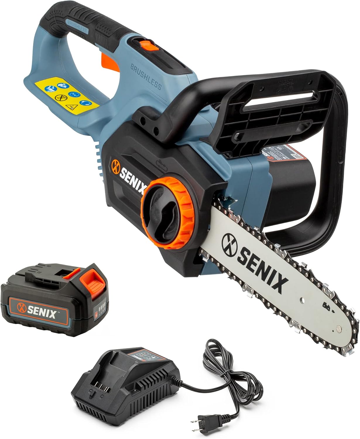 SENIX X2 20 Volt Max Cordless Chainsaw with 10-inch Bar and Chain for Limbs and Small Branches, Lightweight, Rear Handle, Includes 2.5 Ah Li-Ion Battery and Charger (CSX2-M) SENIX X2 20 Volt Max Cordless Chainsaw with 10-inch Bar and Chain for Limbs and Small Branches, Lightweight, Rear Handle, Includes 2.5 Ah Li-Ion Battery and Charger (CSX2-M)